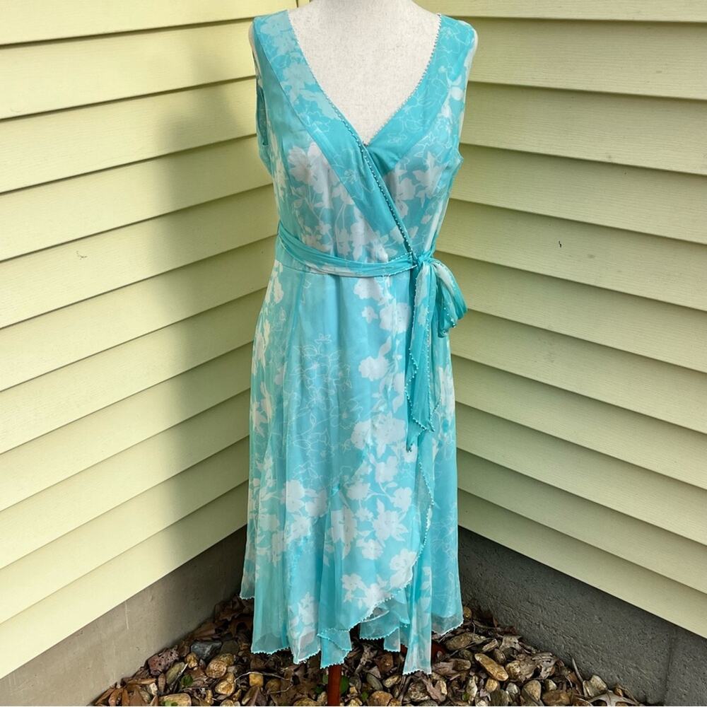 ICE Blue Silk Floral Wrap Dress Pearls Romantic Vintage Y2K Tie Women's Small
